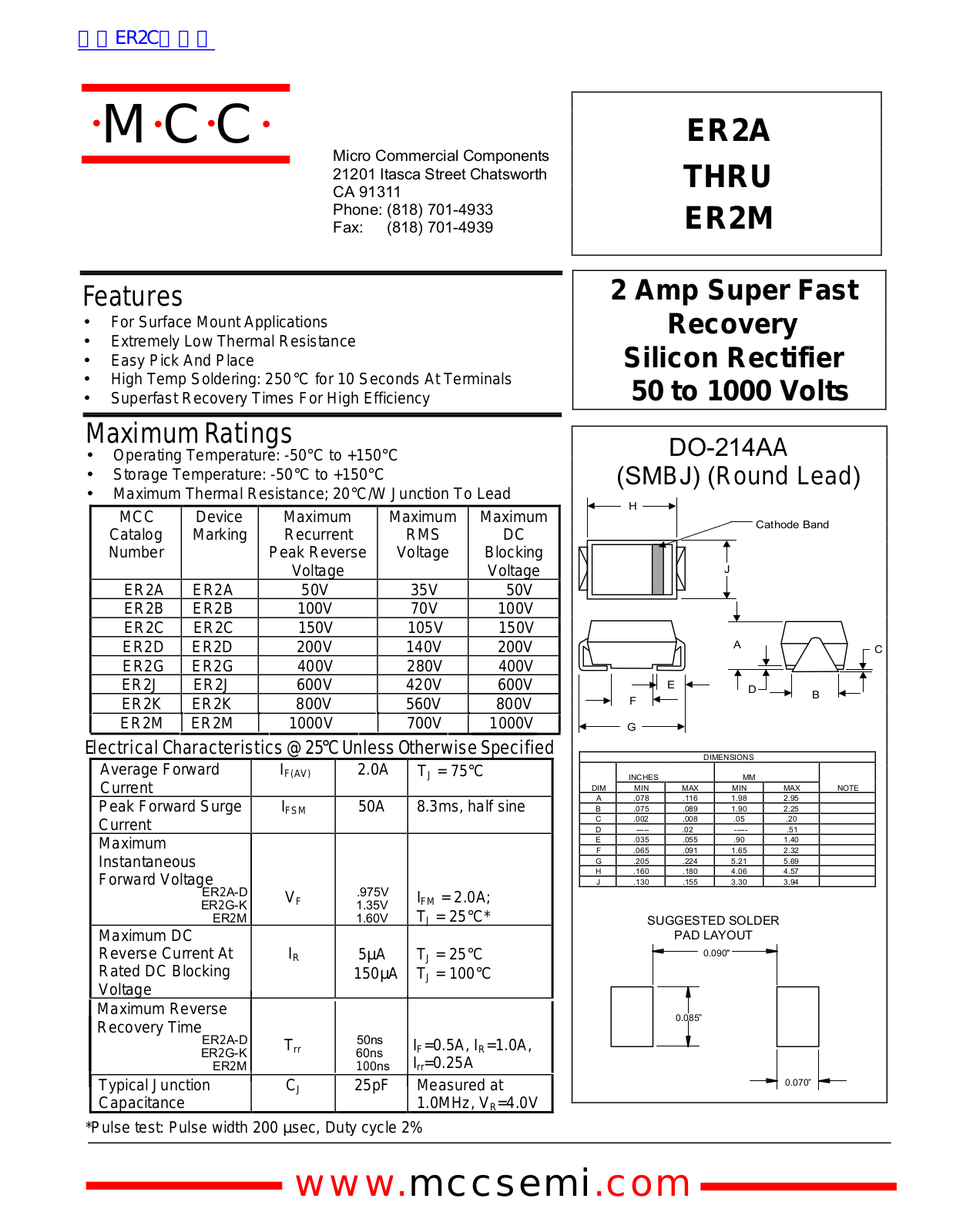 Micro Commercial Components ER2A, ER2M Technical data