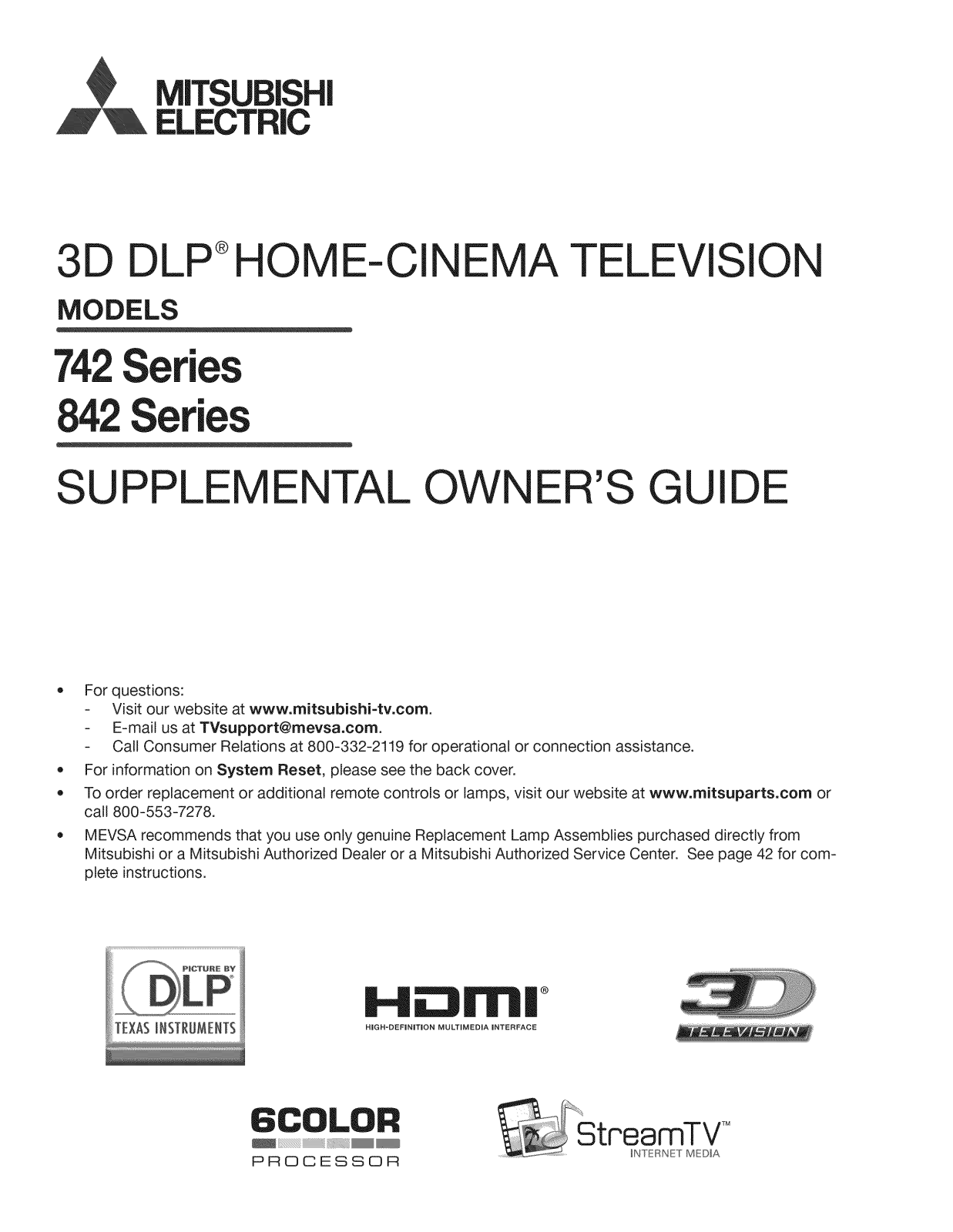 Mitsubishi WD-92842, WD-92742, WD-82842, WD-82742, WD-73842 Owner’s Manual
