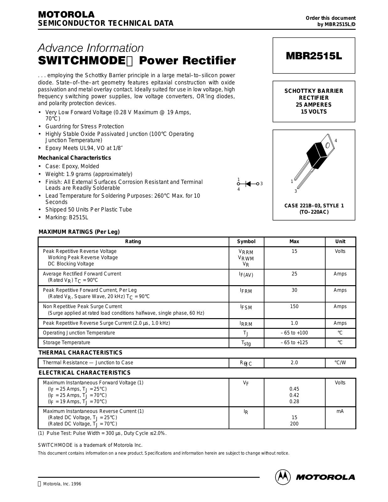 Motorola MBR2515L Datasheet