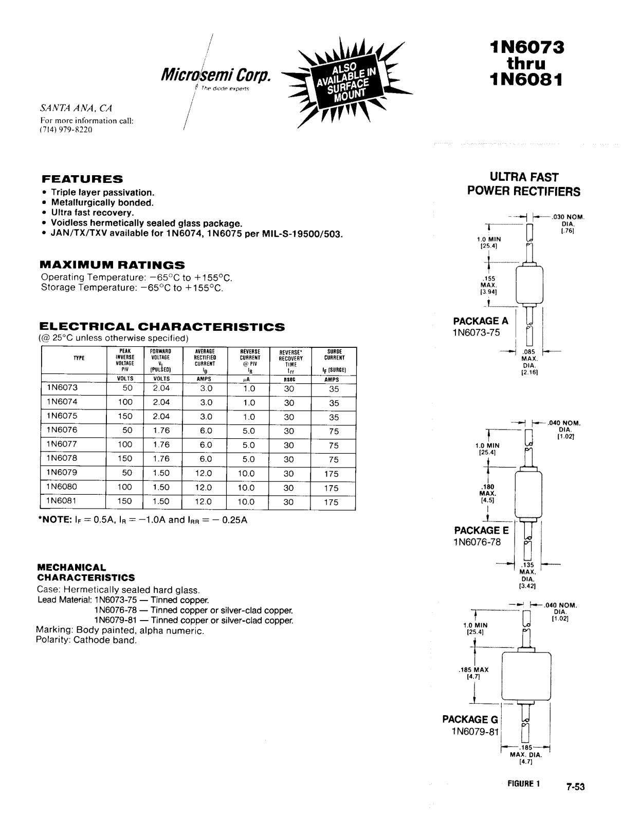 Microsemi Corporation 1N6078, 1N6077, 1N6076, 1N6075, 1N6074 Datasheet