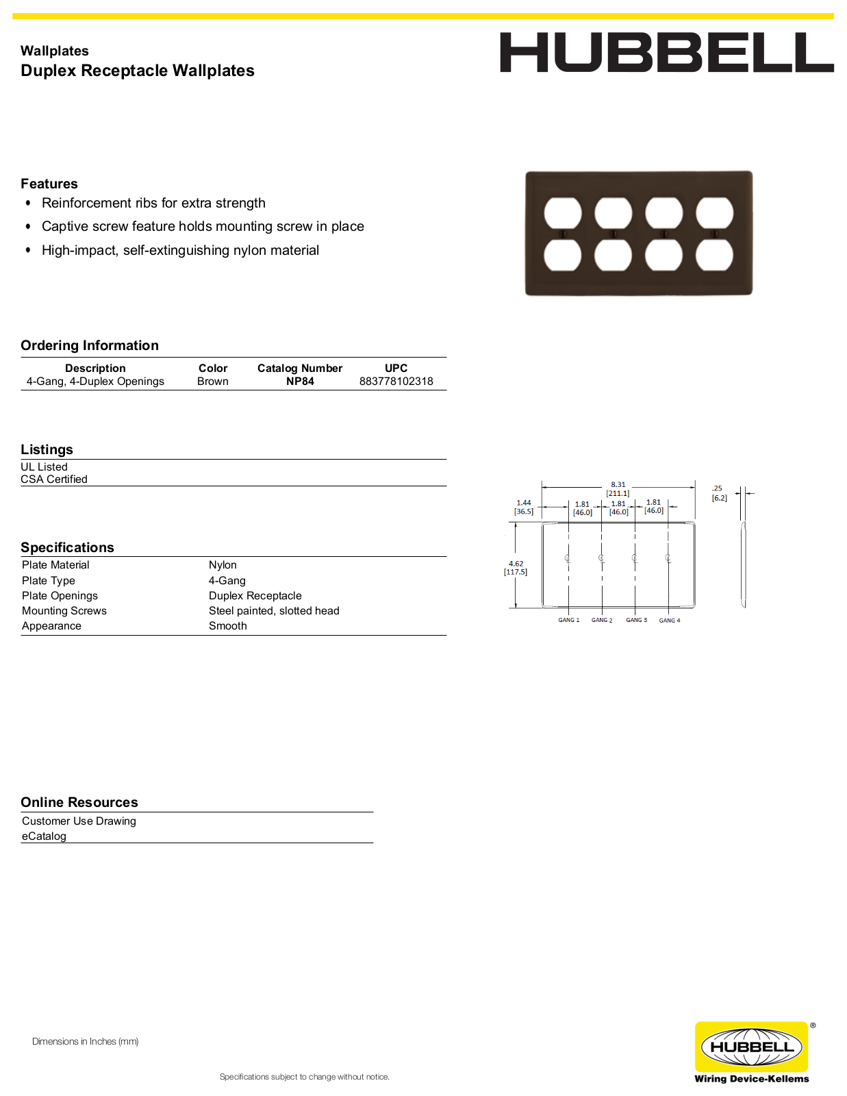 Hubbell NP84 Specifications