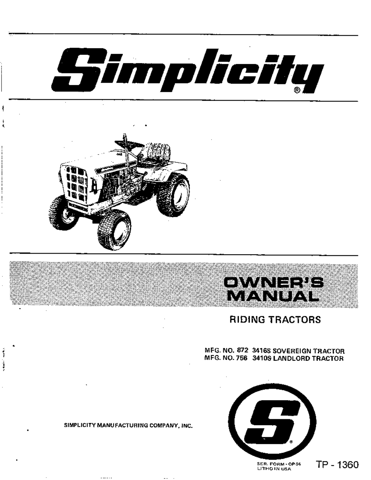 Simplicity 756 3410S, 872 3416S User Manual