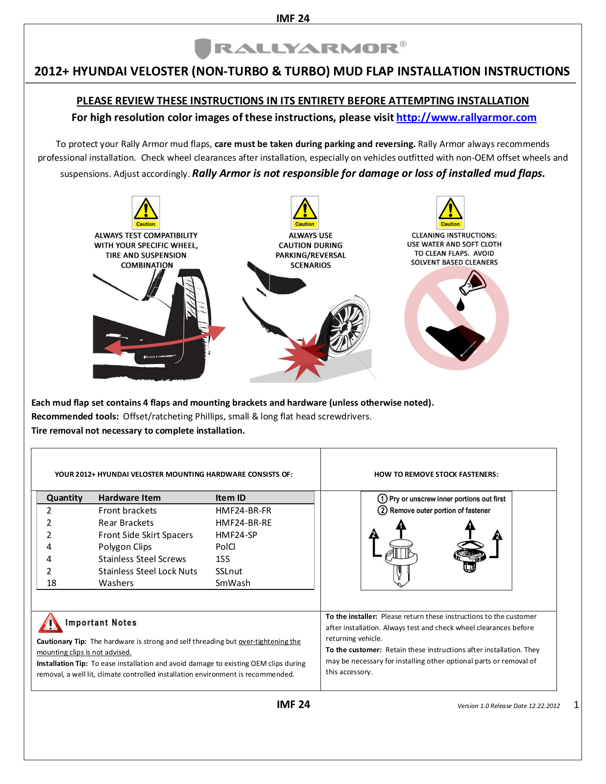 Rally Armor 12-14 Hyundai Veloster User Manual