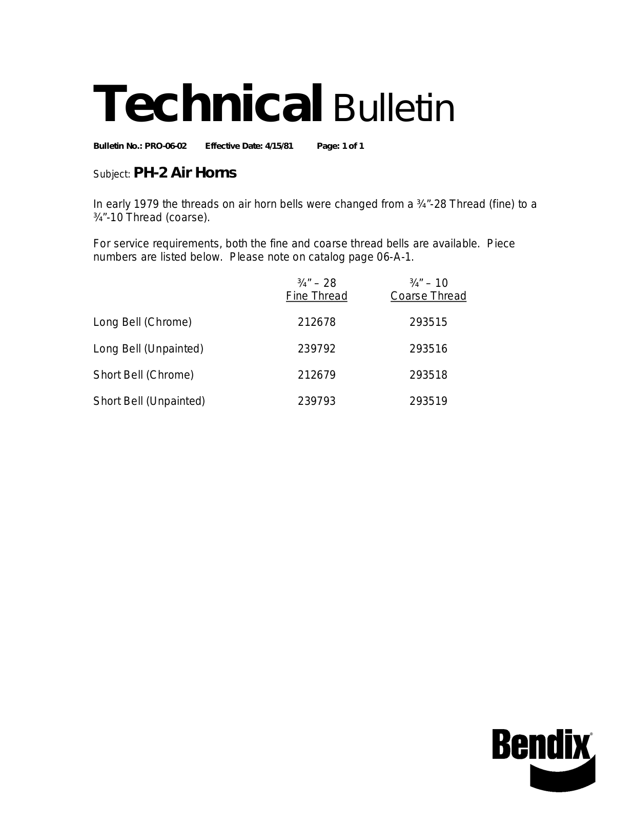 BENDIX TCH-006-002 User Manual