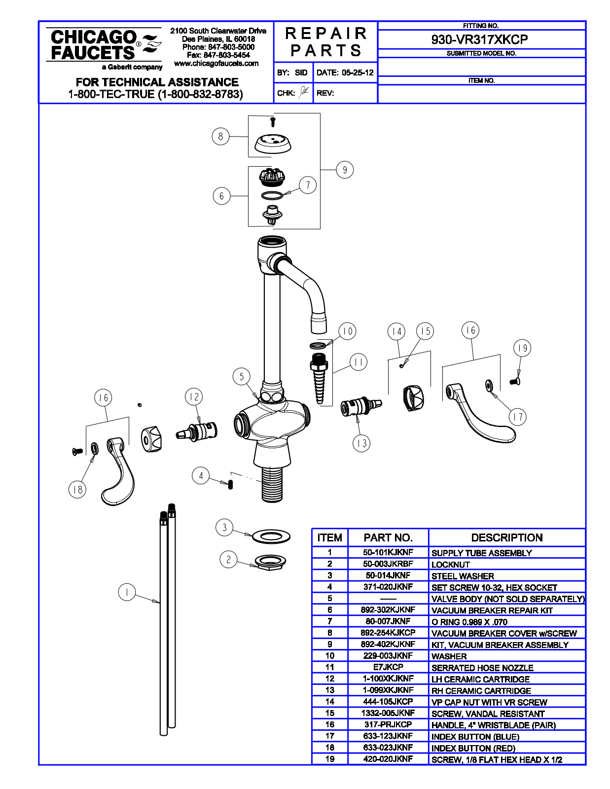 Chicago Faucet 930-VR317XK Parts List