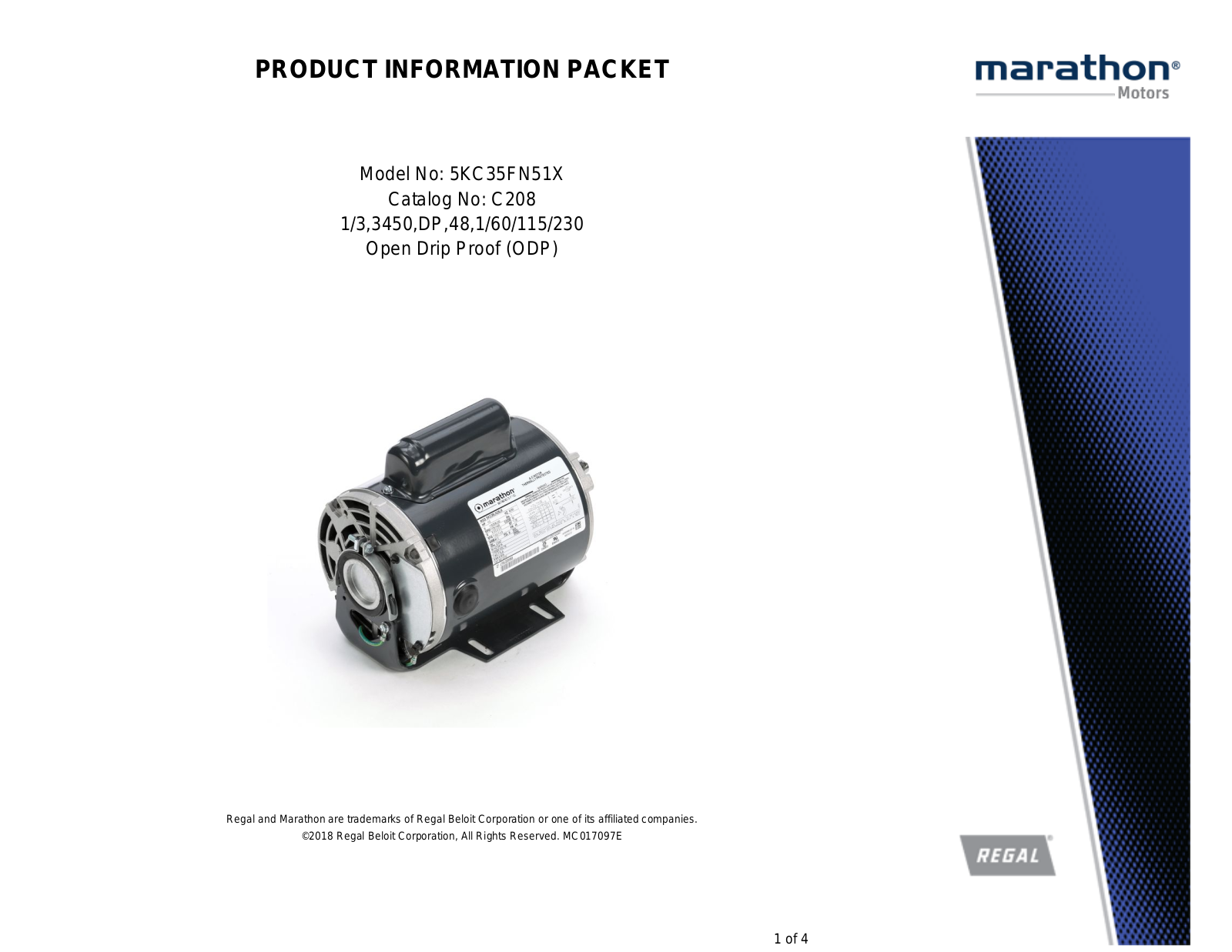 Marathon Electric 5KC35FN51X Product Information Packet