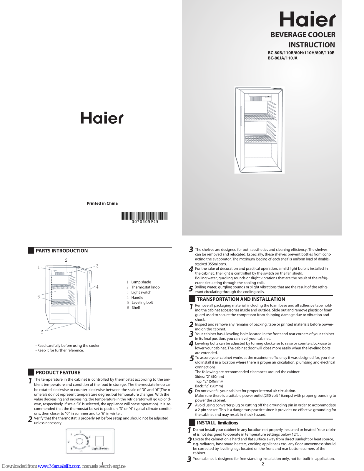 Haier BC-80B, BC-110B, BC-80H, BC-110H, BC-80E Instruction Manual