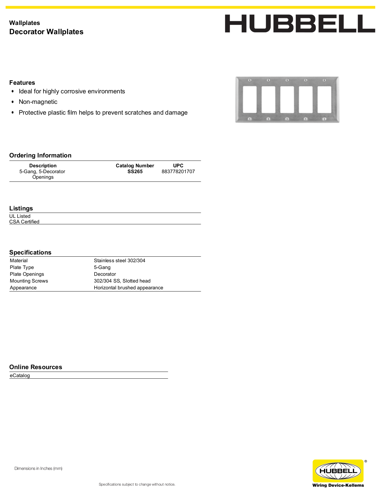 Hubbell SS265 Specifications