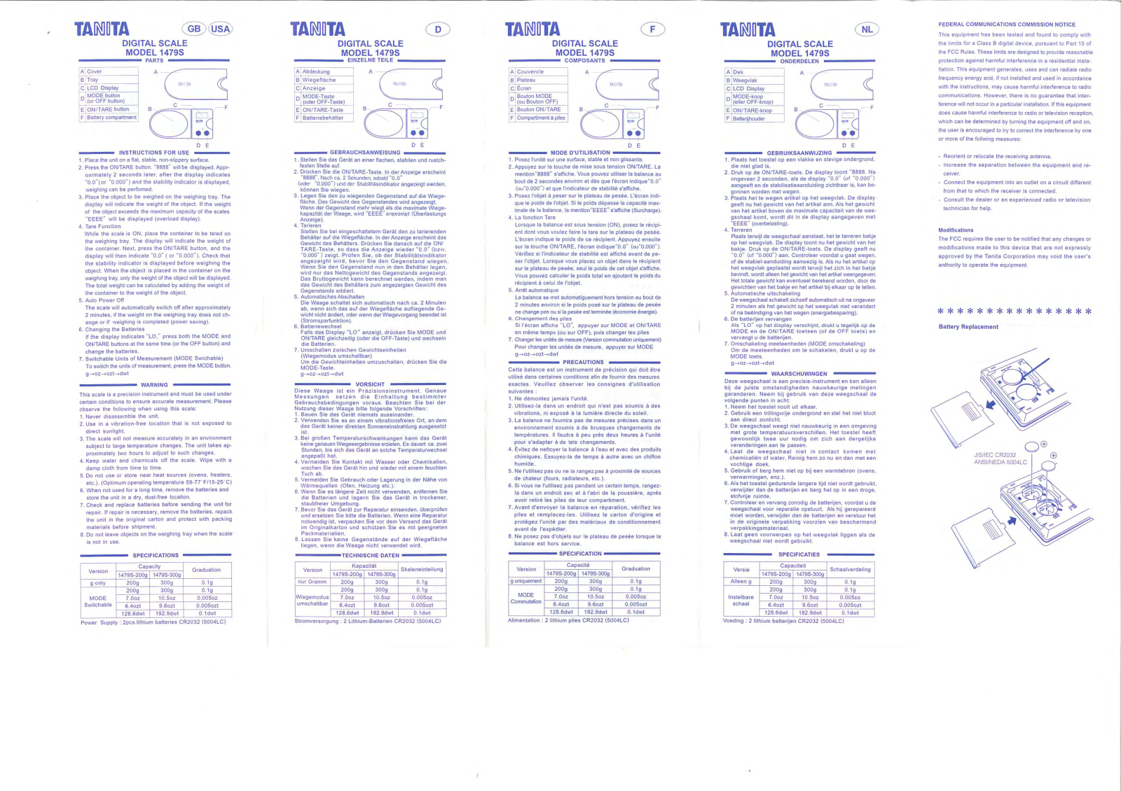 Tanita 1479S-300GD Owner's Manual