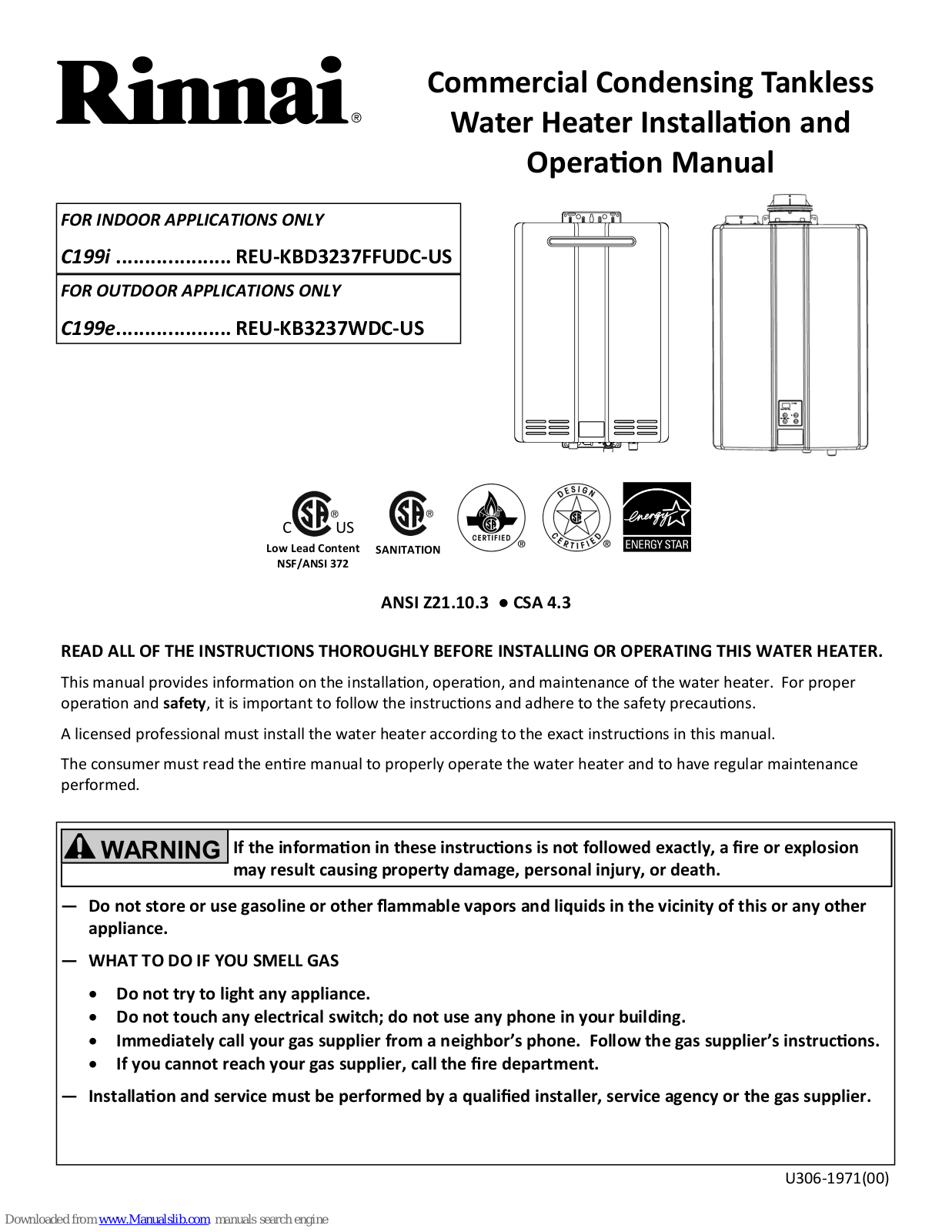 Rinnai c199i, c199e, RUC80i, RUC98i RU80e, RU98e Installation And Operation Manual