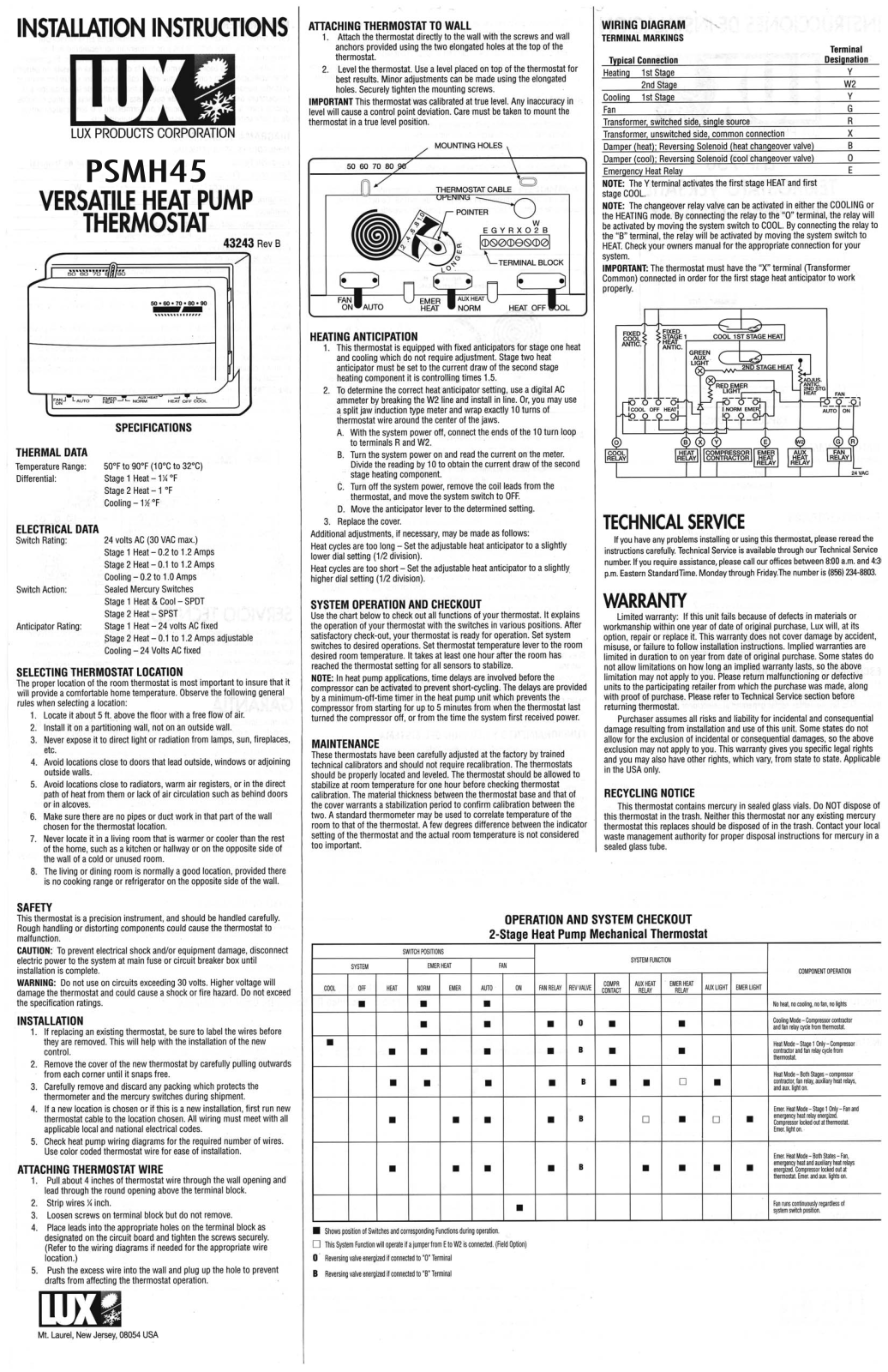 Lux Products PSMH45 User Manual