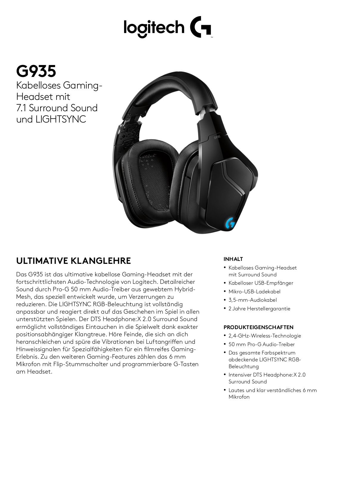 Logitech G935 Technical data