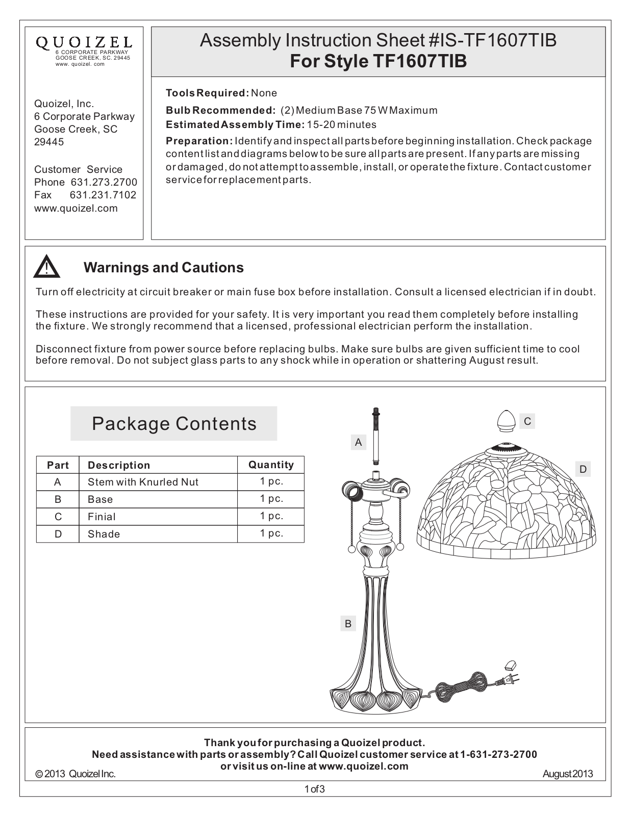 Quoizel TF1607TIB User Manual