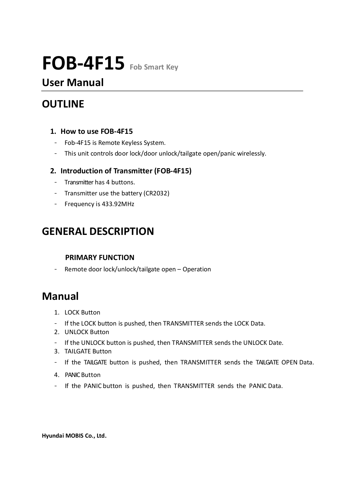 Hyundai FOB 4F15 User Manuel