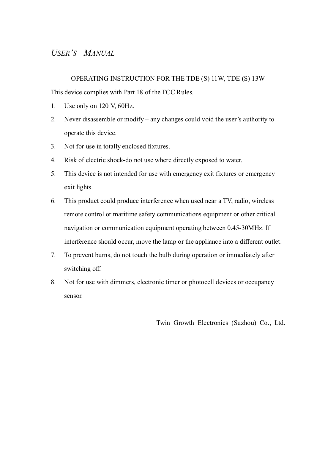 Twin Growth Electronics TGESC20012 Users Manual