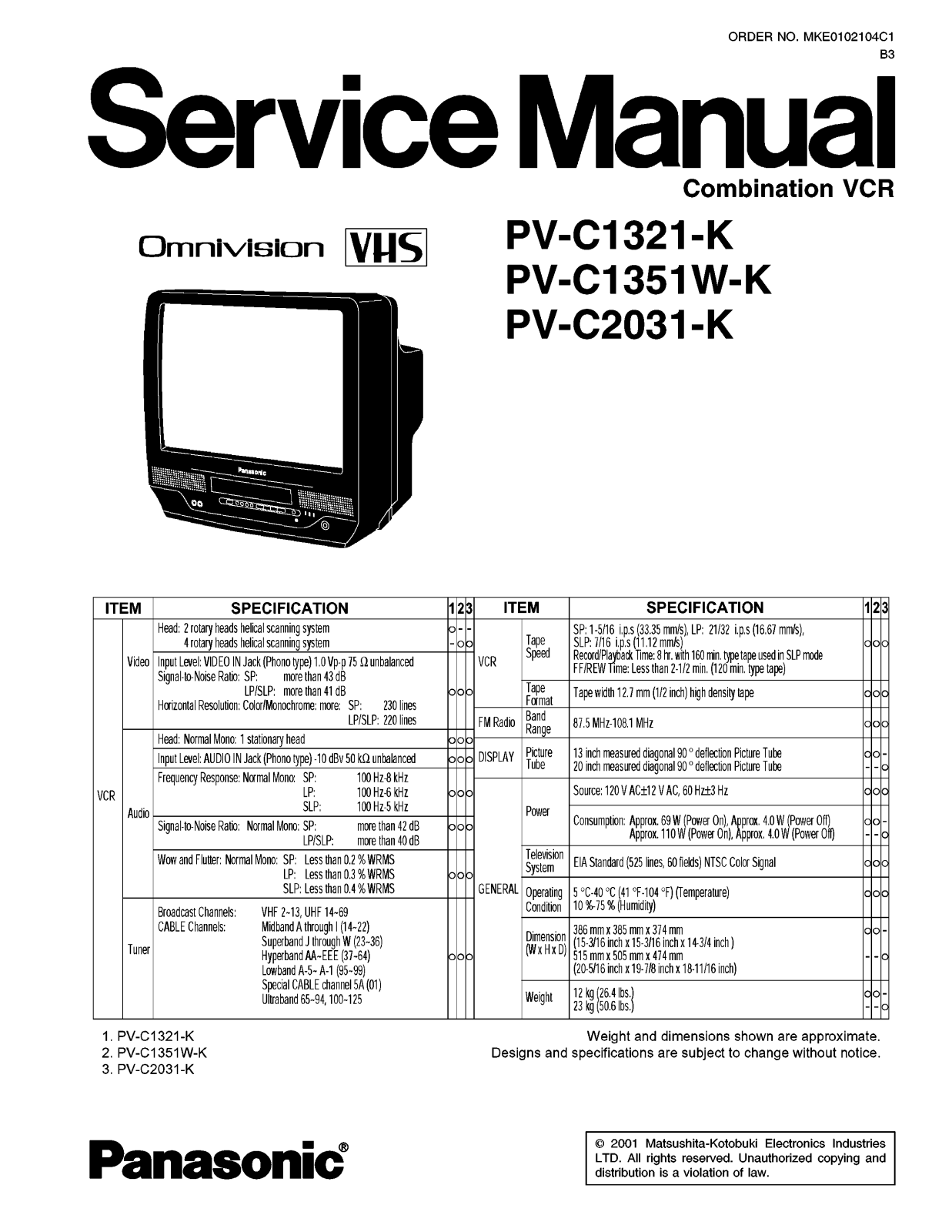 panasonic PV-C1321-K, PV-C1351W-K, PV-C2031-K Service Manual