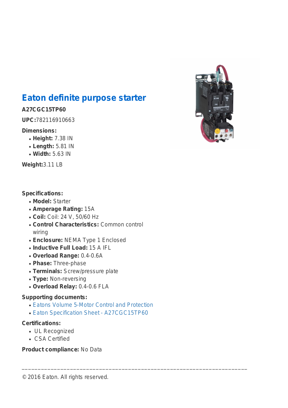 Cutler Hammer, Div of Eaton Corp A27CGC15TP60 Specifications