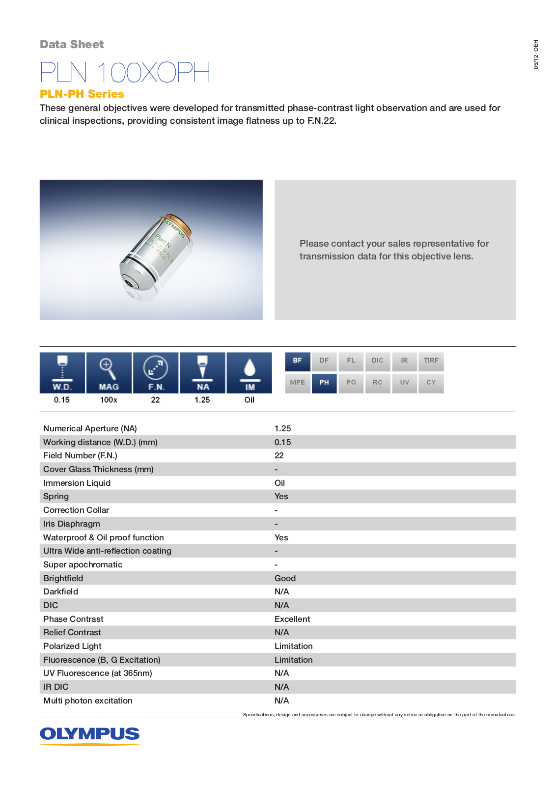 Olympus PLN 100XOPH Data sheet - ManualMachine.com