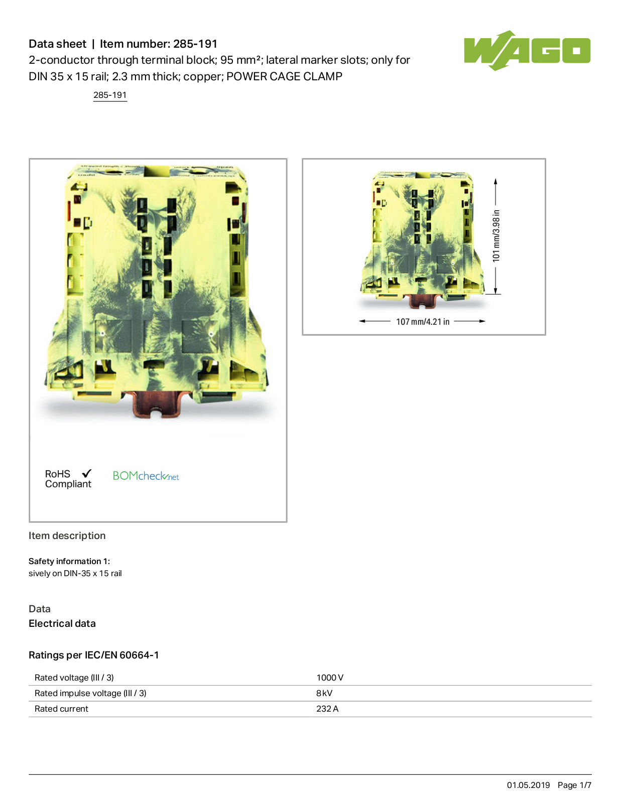 Wago 285-191 Data Sheet