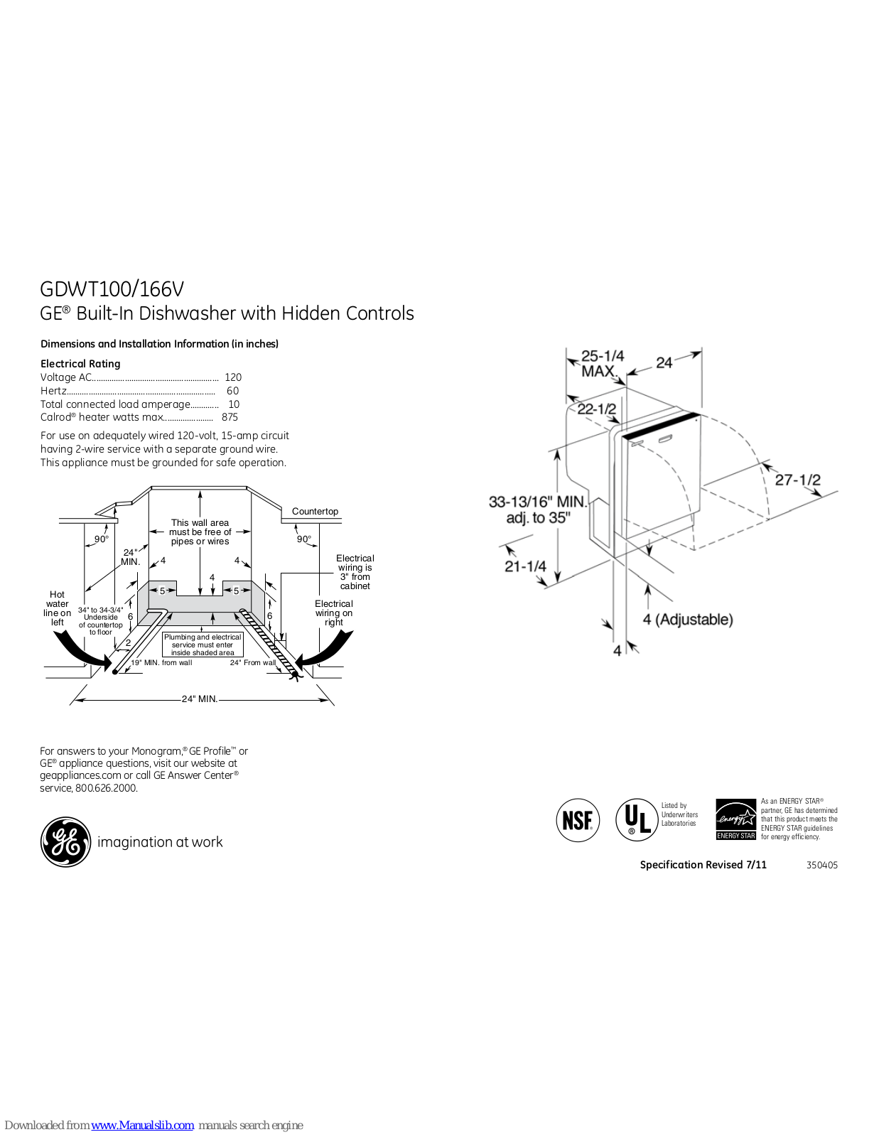 GE GDWT106V, GDWT166VSS, GDWT100V, GDWT166V Dimensions And Installation Information