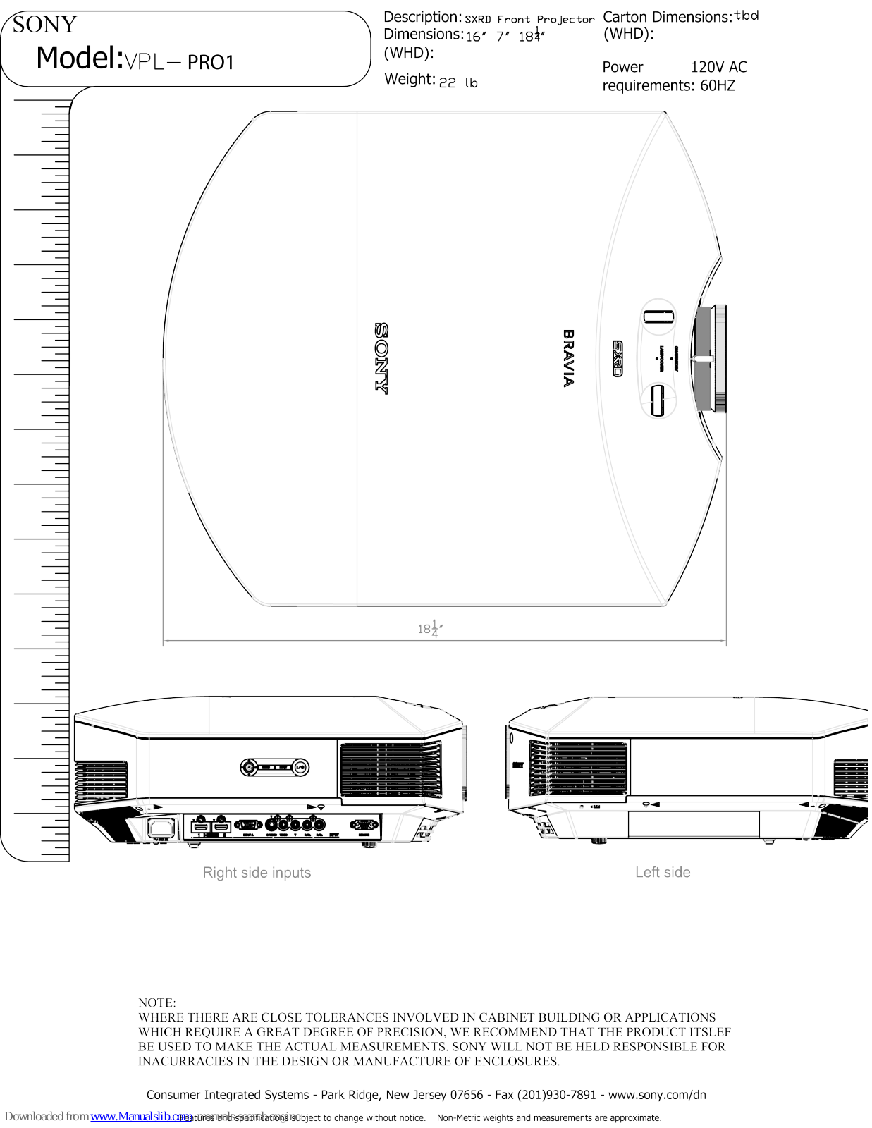 Sony VPL-PRO1 Dimensional Drawing