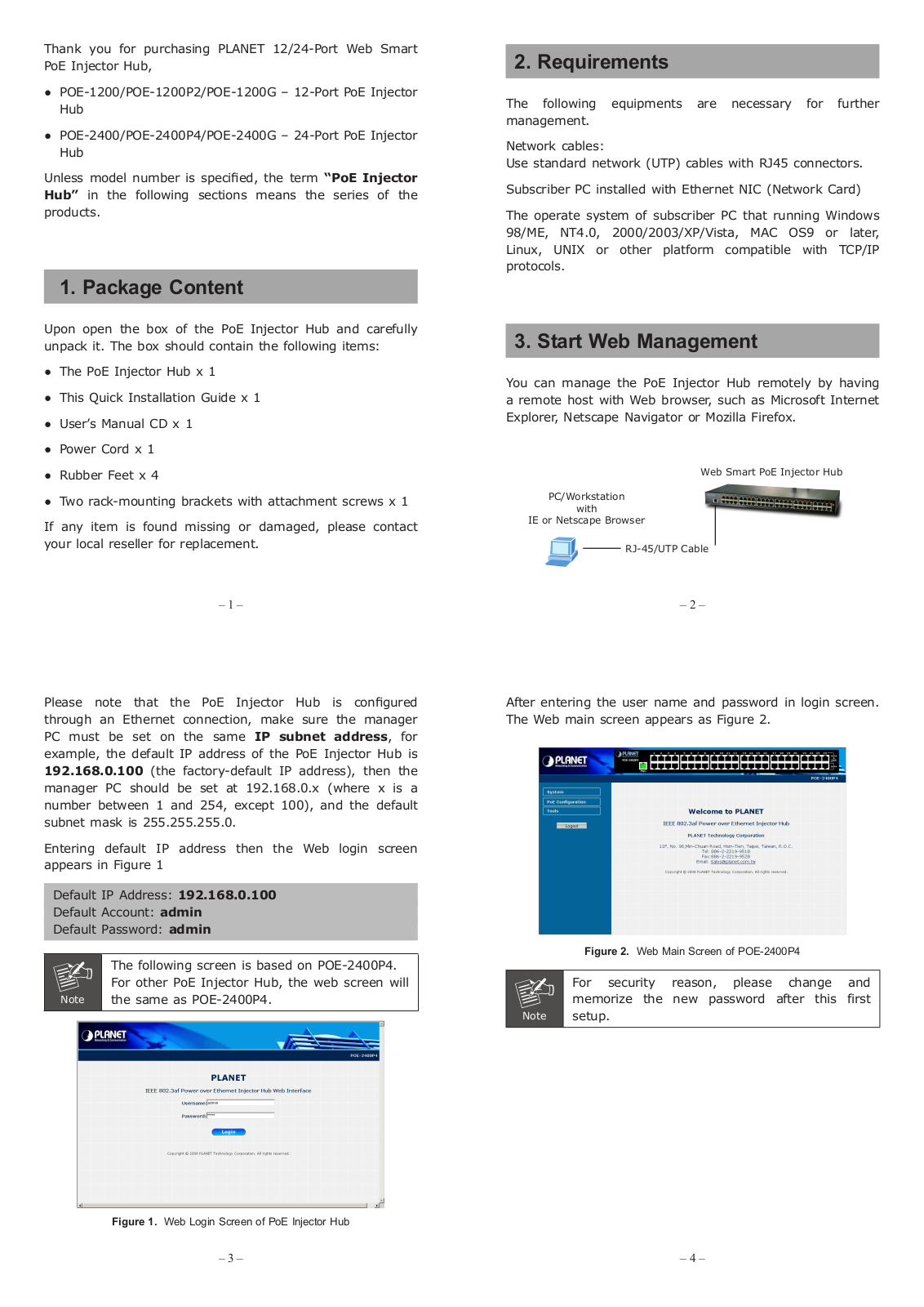 Planet POE-1200P2, POE-1200G, POE-2400, POE-2400P4, POE-2400G Quick Installation Manual