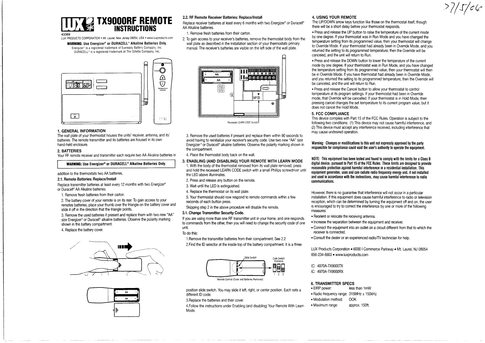 Johnson Controls TX9000TX User Manual