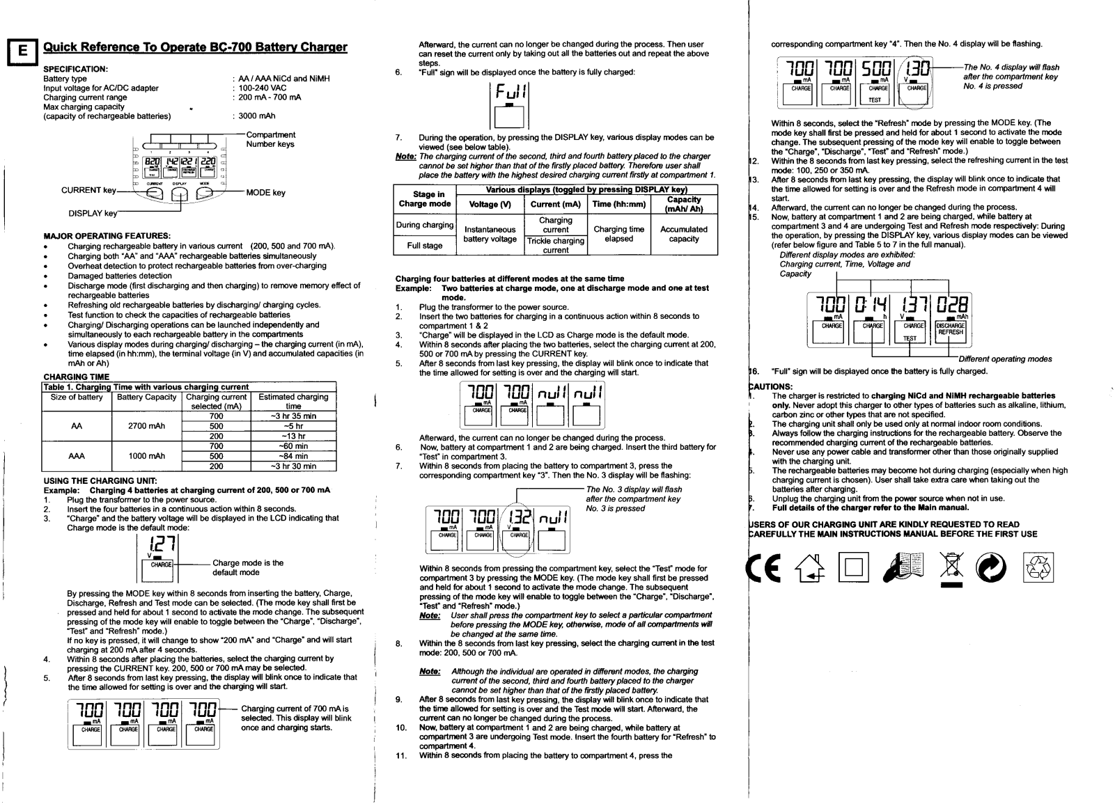 Technoline BC-700 QUICK REFERENCE Manual