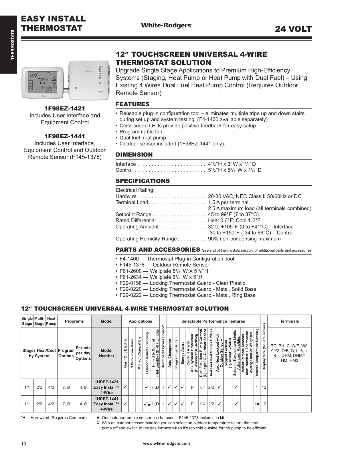 White Rodgers 1F98EZ-1421 Catalog Page