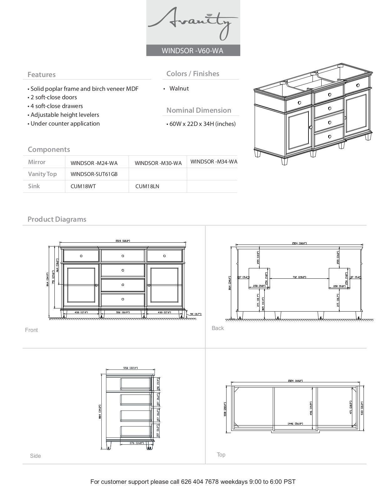 Avanity WINDSORVS60WAA, WINDSORVS60WAC Specifications