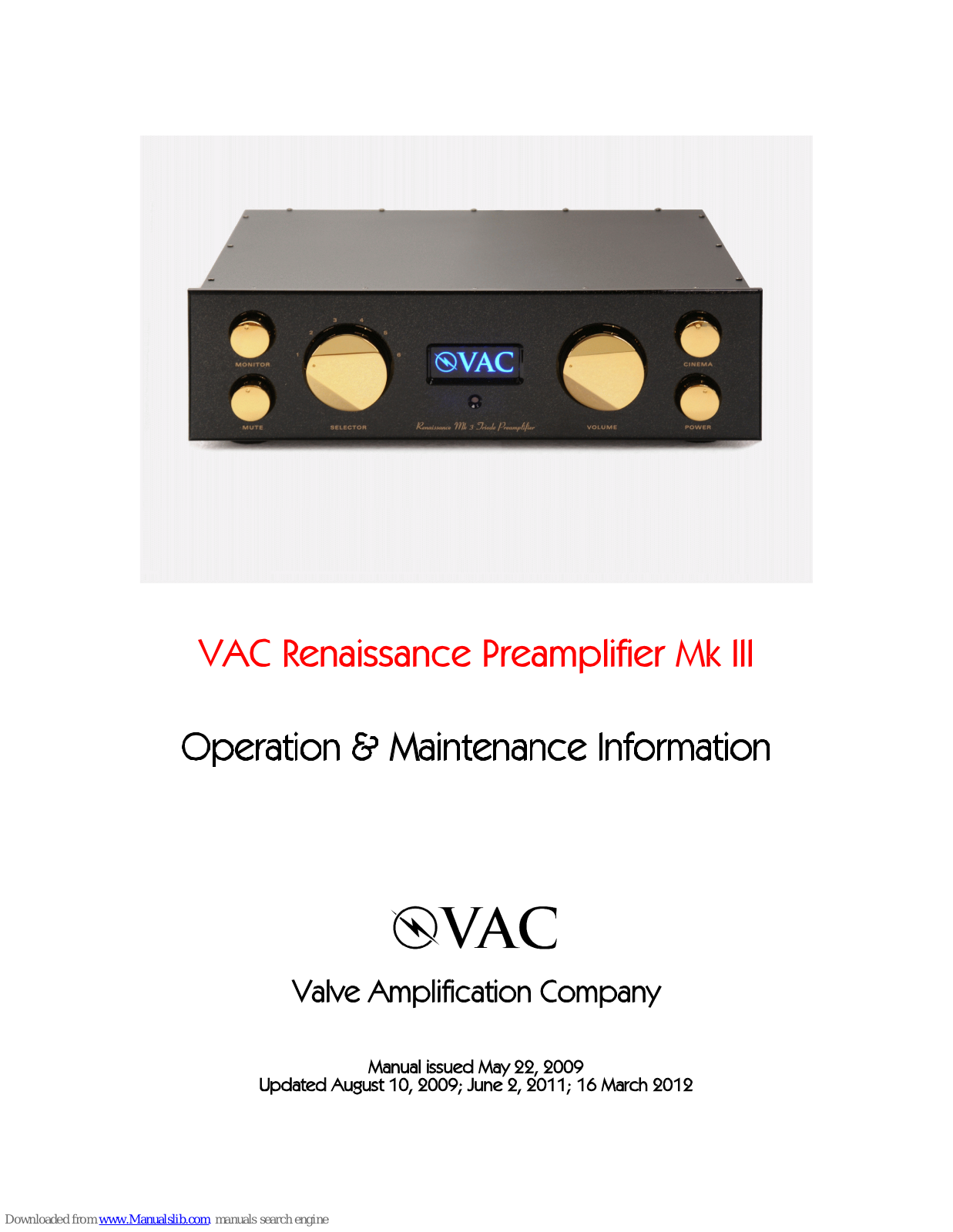 VAC Renaissance Mk II Operation & Maintenance Information