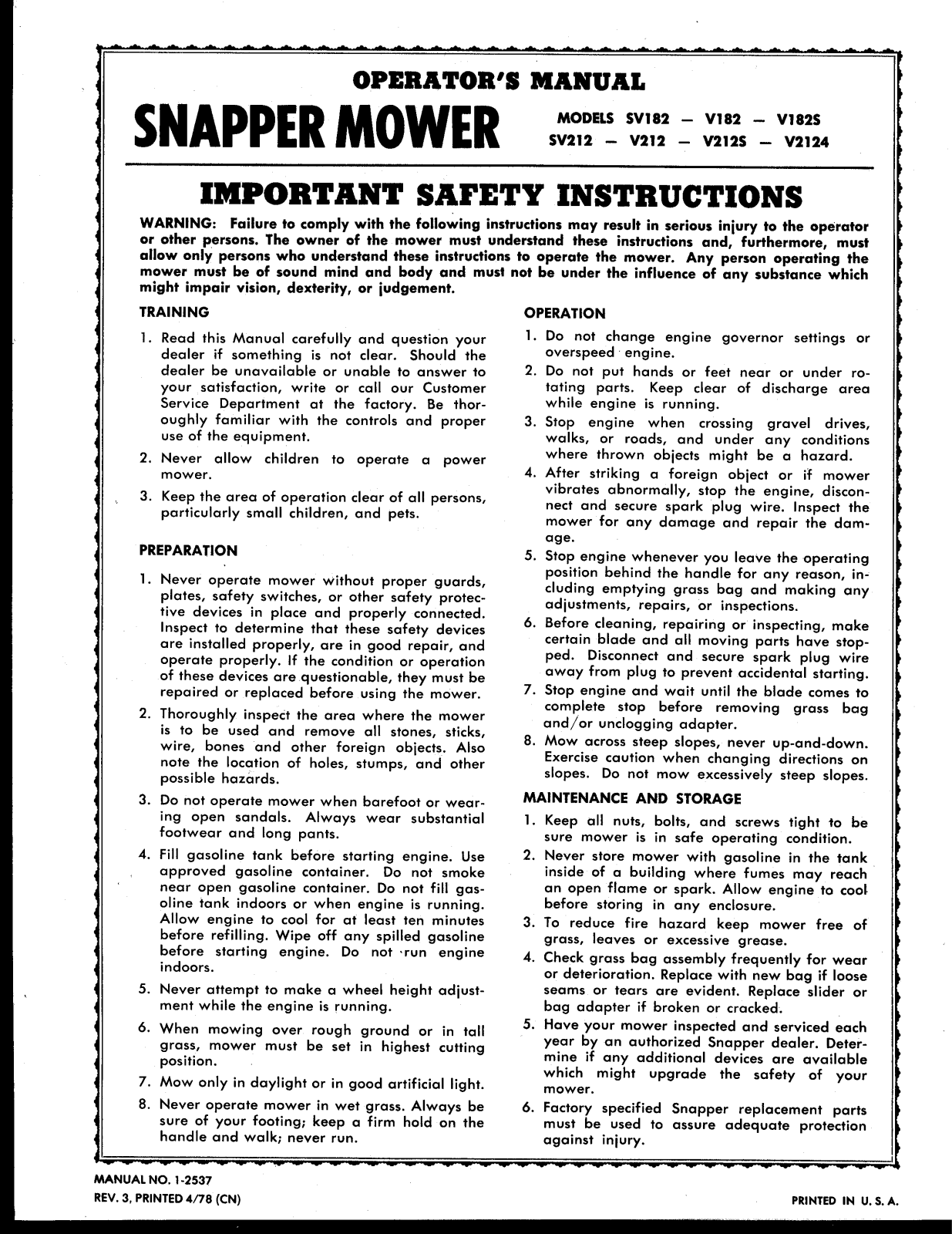 Snapper SV212, V182, V2124, V212, V212S User Manual