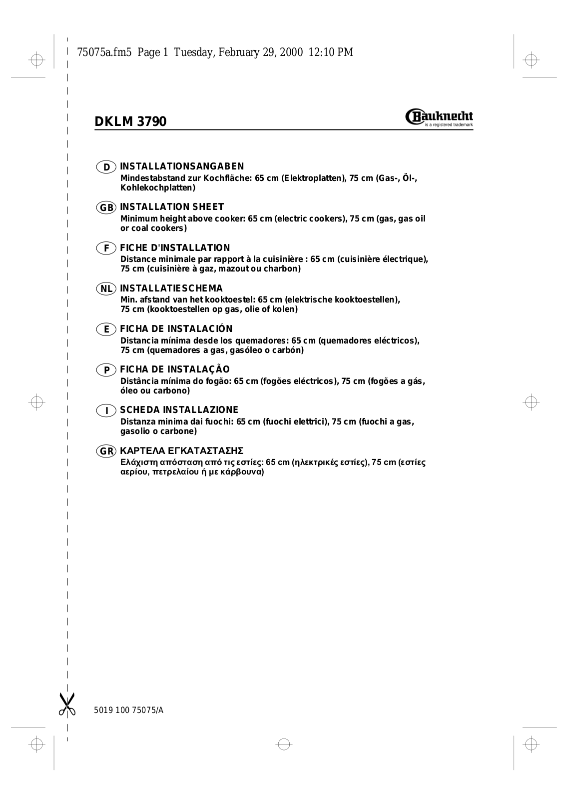 Whirlpool DKLM 3790 INSTALLATION SHEET