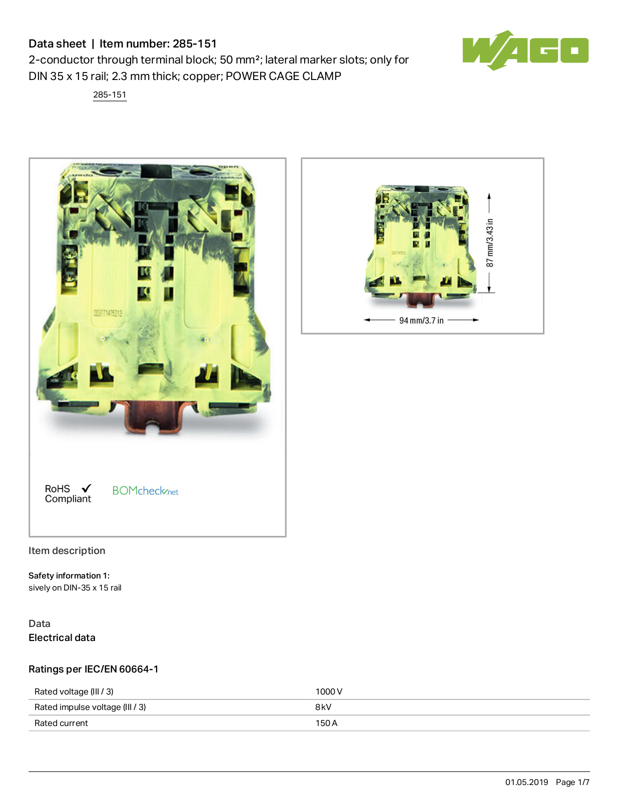 Wago 285-151 Data Sheet