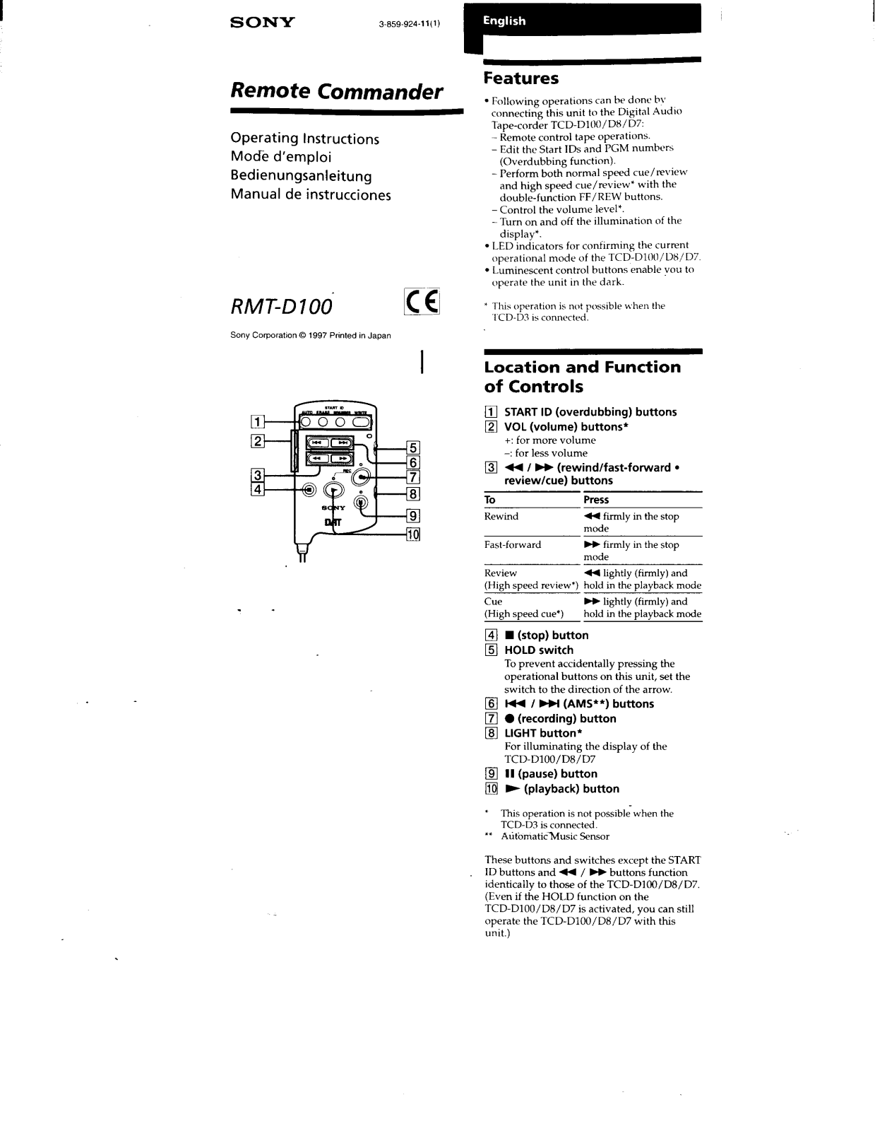 Sony RM-TD100 Operating Manual