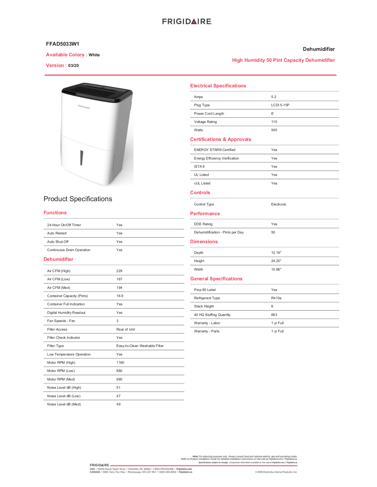 Frigidaire FFAD5033W1 Specifications