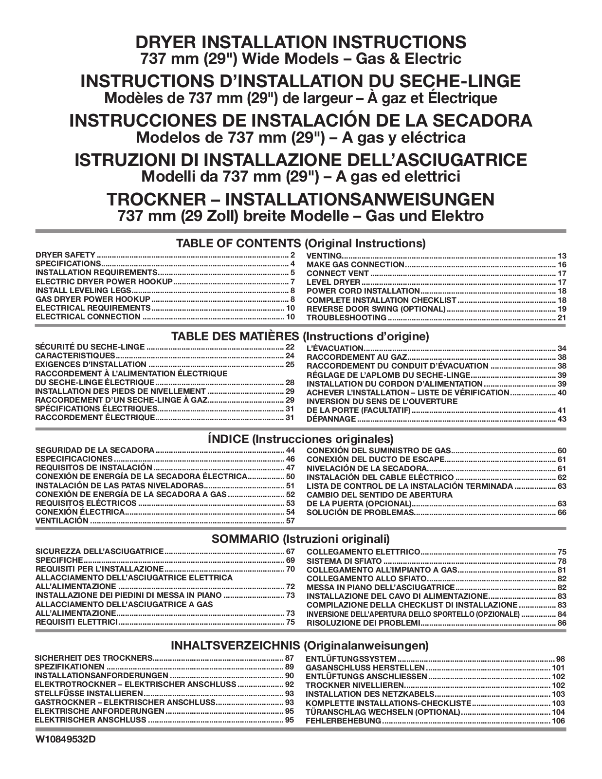 Whirlpool 3LWED4815FW, 4KMEDC415FW, 4KAED5000FW, 4KWED4915FW, 3LWED4830FW Installation Instructions