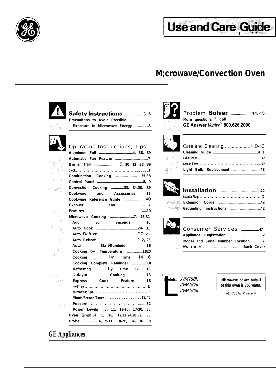 GE JVM190K, JVM193K User Manual