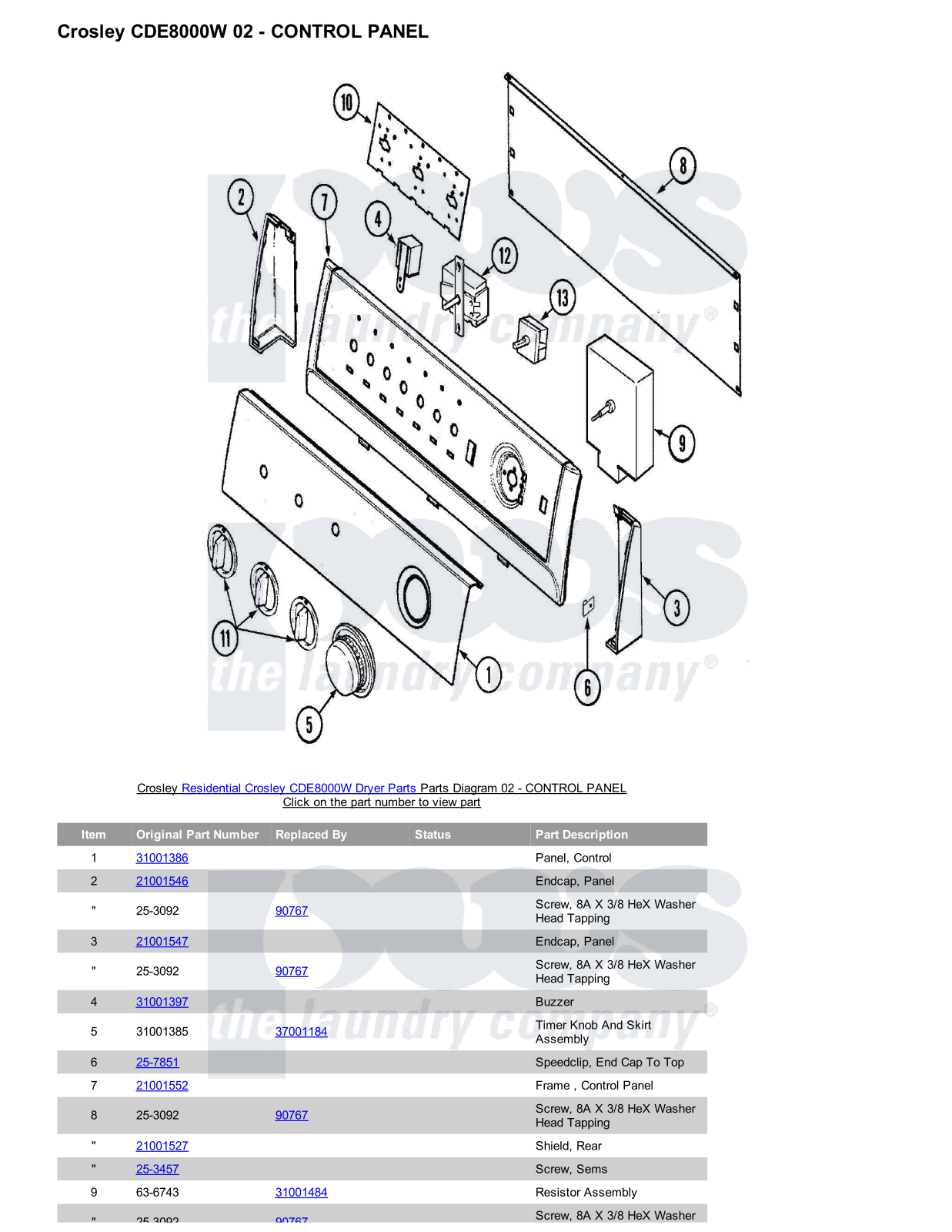 Crosley CDE8000W Parts Diagram