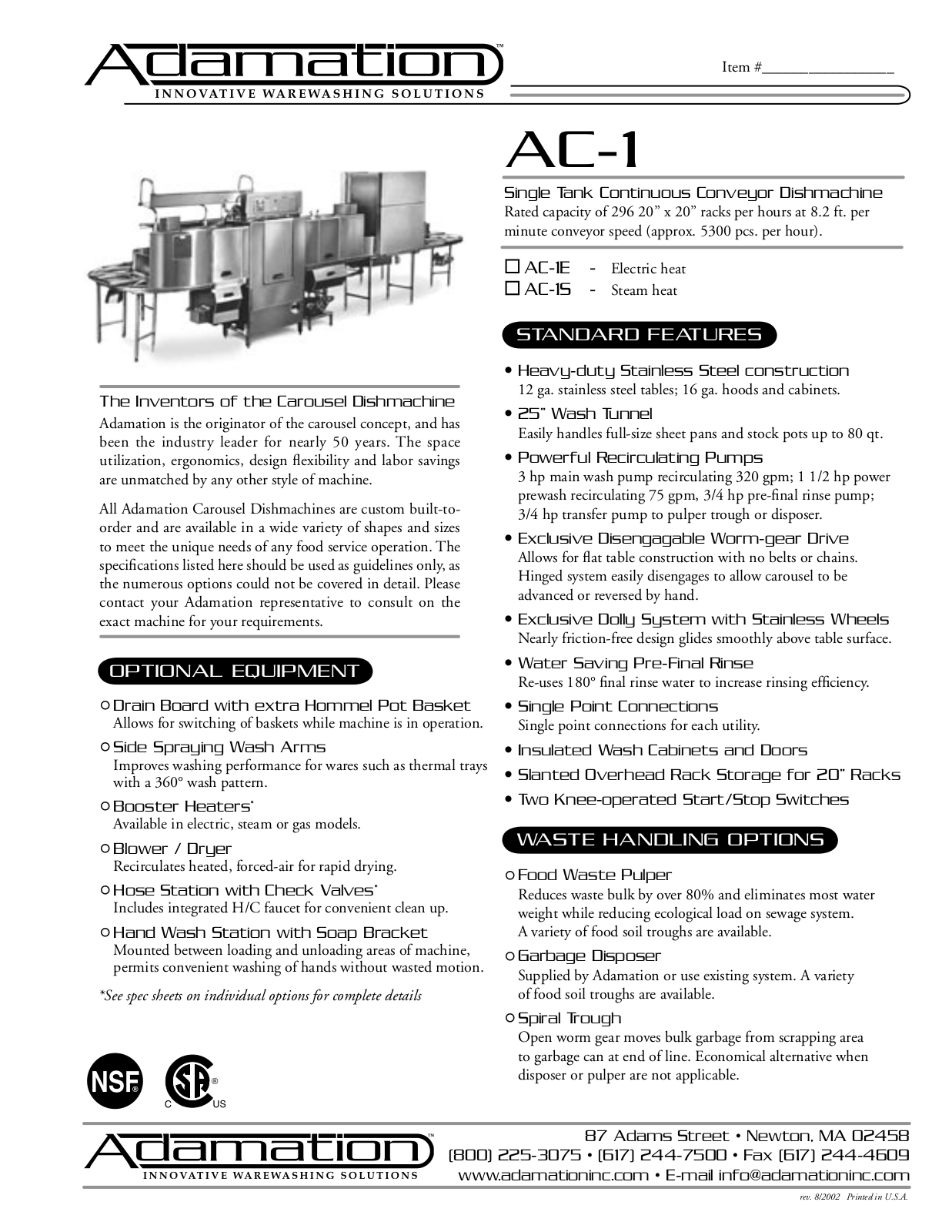 Adamation AC-1, AC-1E Specifications