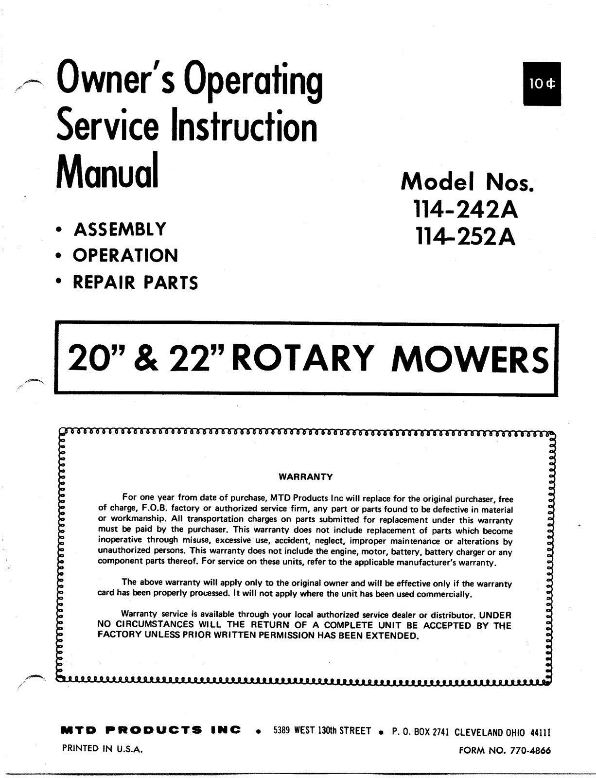 Bolens 114-242A, 114-252A User Manual