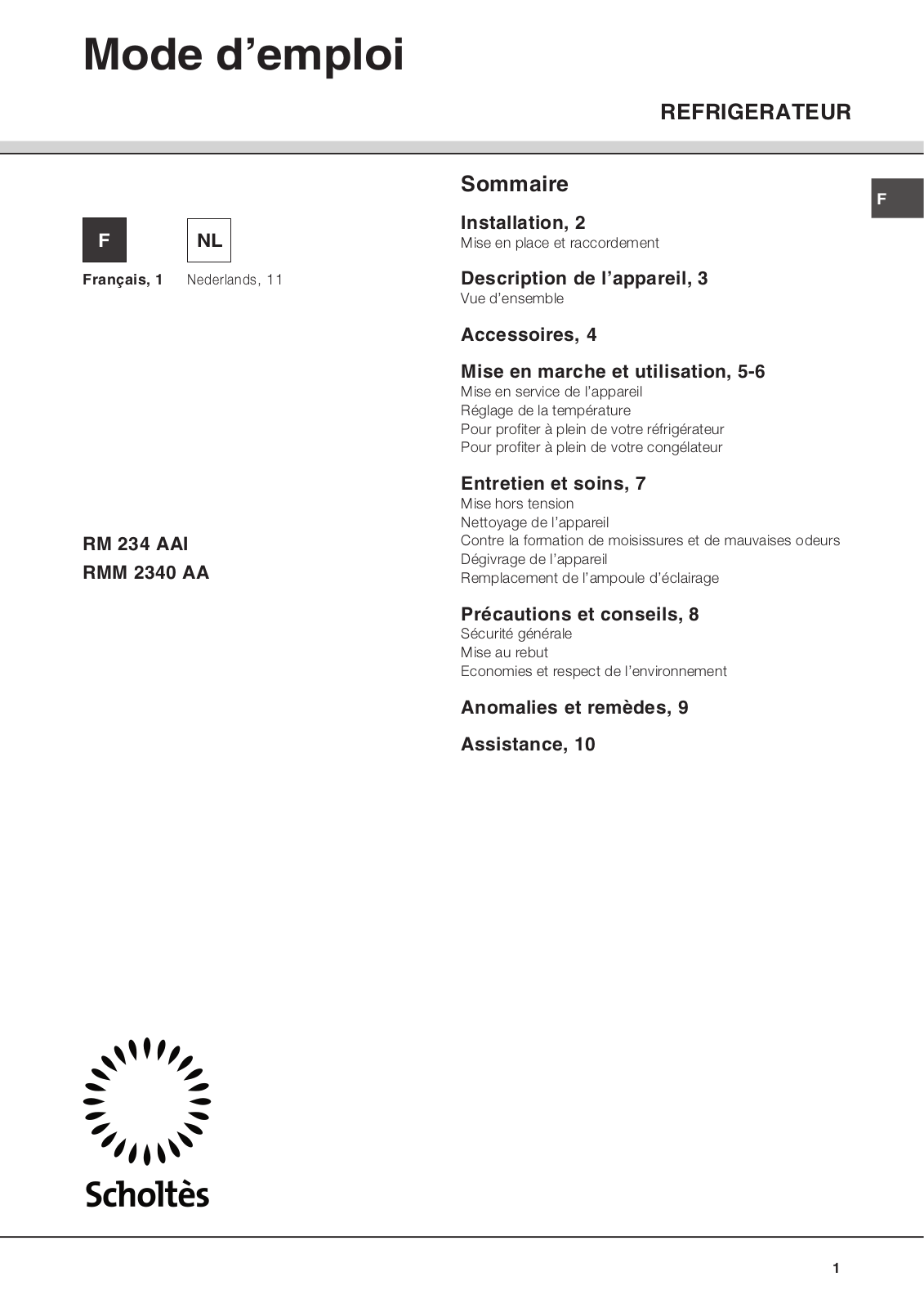 SCHOLTES RMP234AI User Manual