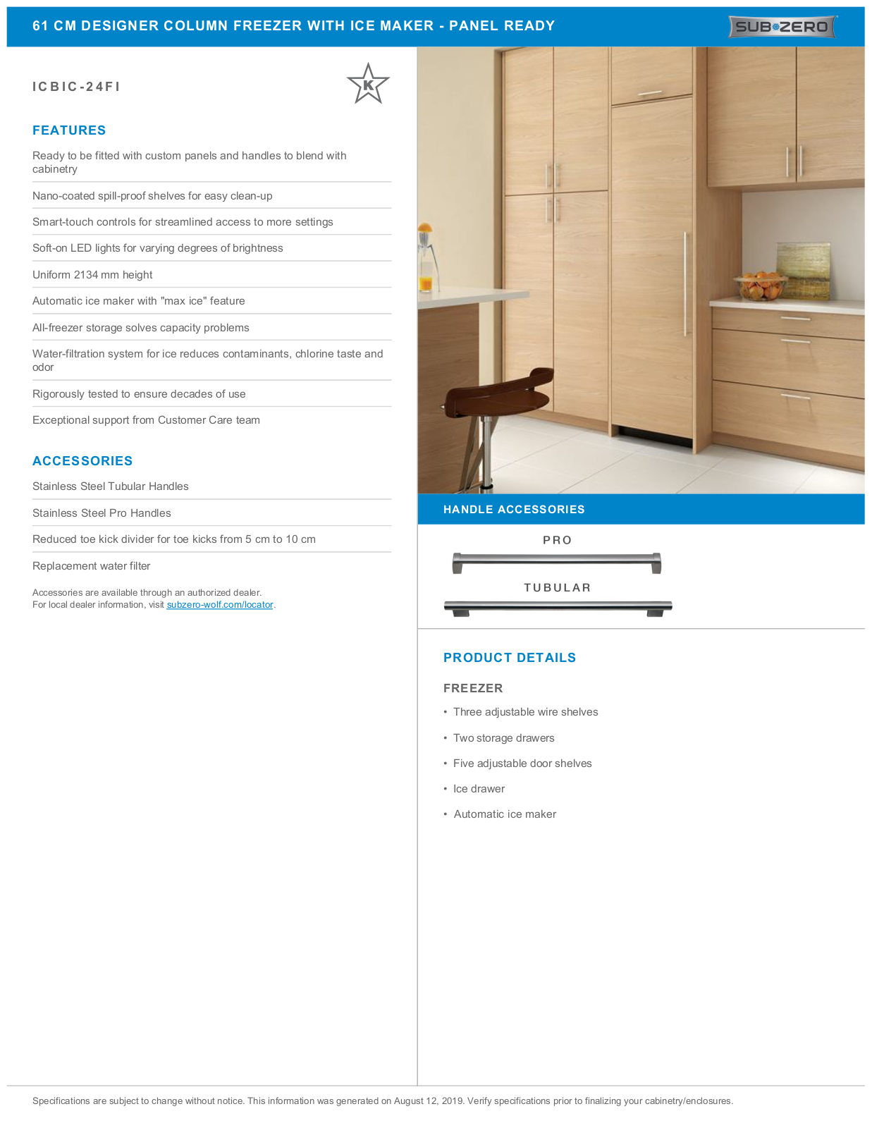 Sub-Zero ICBIC24FIRH, ICBIC24FILH Datasheet