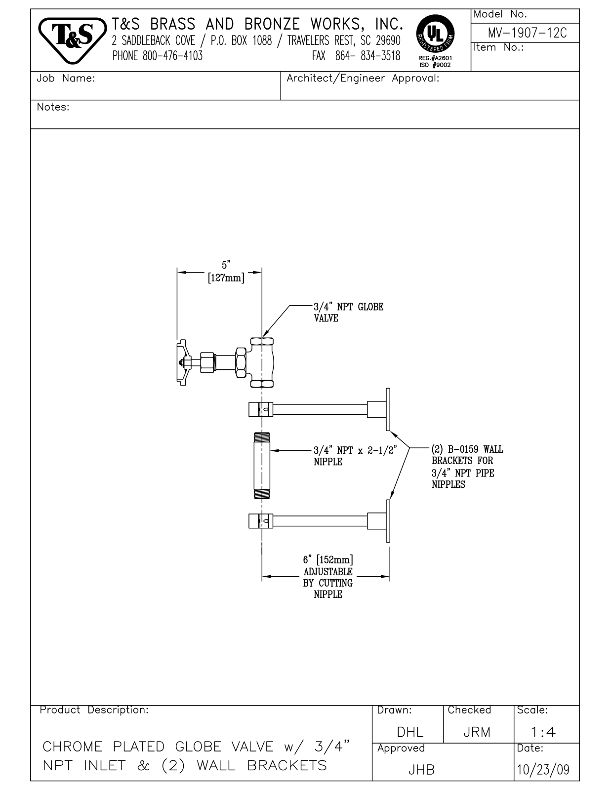 T&S Brass MV-1907-12C User Manual