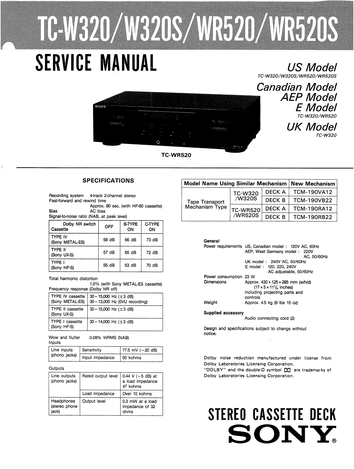 Sony TC-W520S, TC-W520 Service Manual