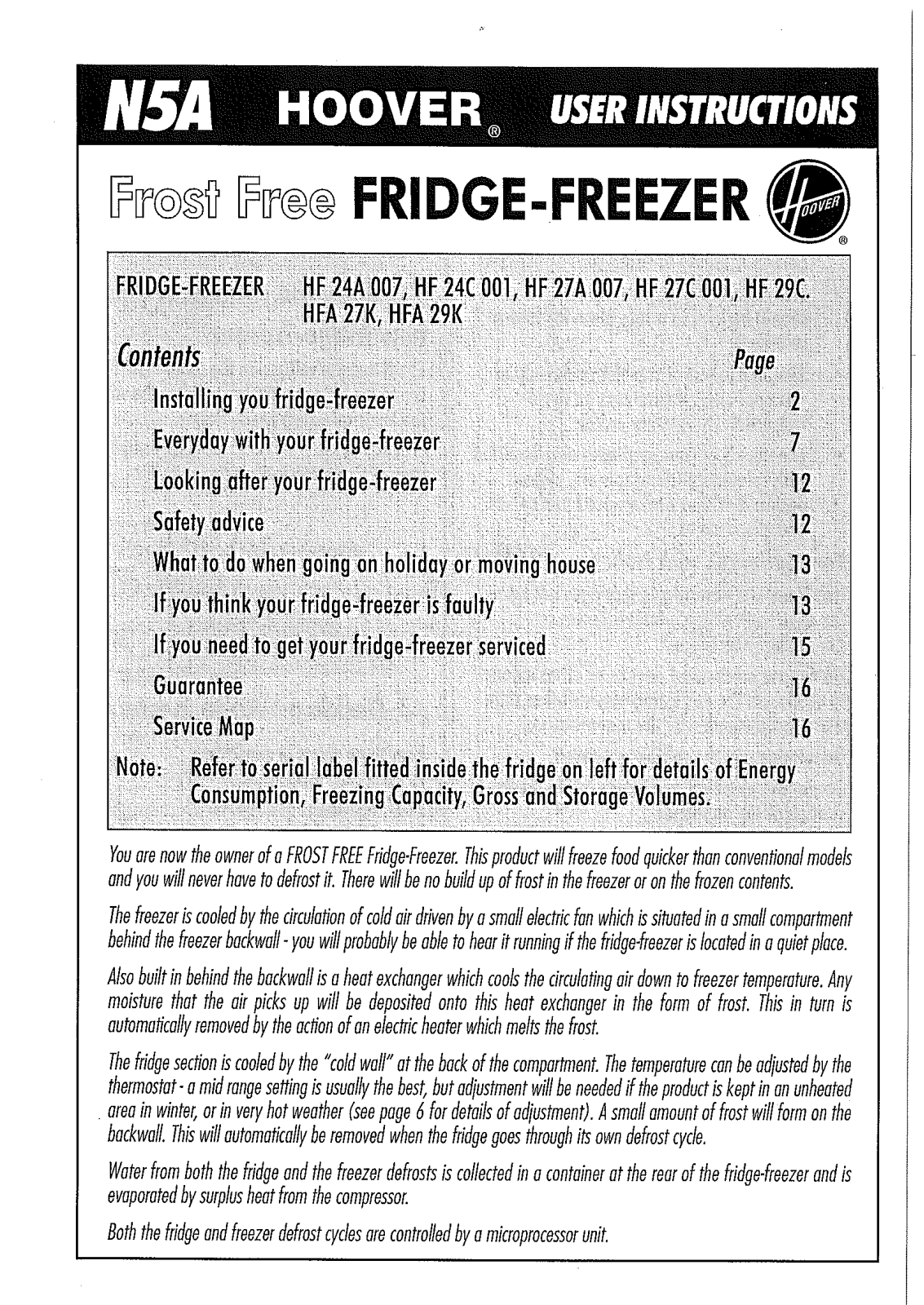 Hoover HF29C, HF27A007, HF24A007, HFA29K, HFA27K User Manual