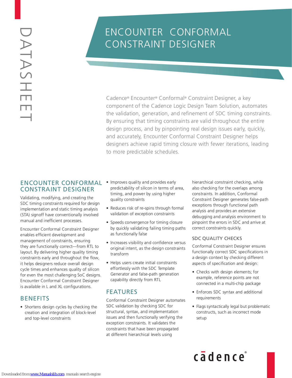 Cadence ENCOUNTER CONFORMAL CONSTRAINT DESIGNER Datasheet