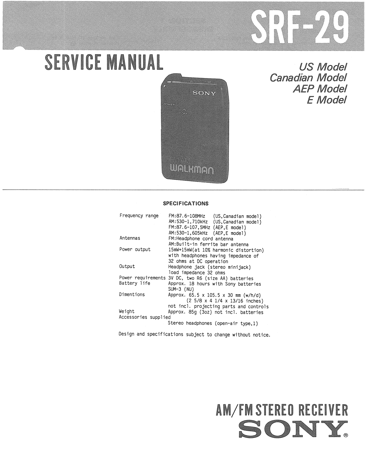 Sony SRF-29 Service manual