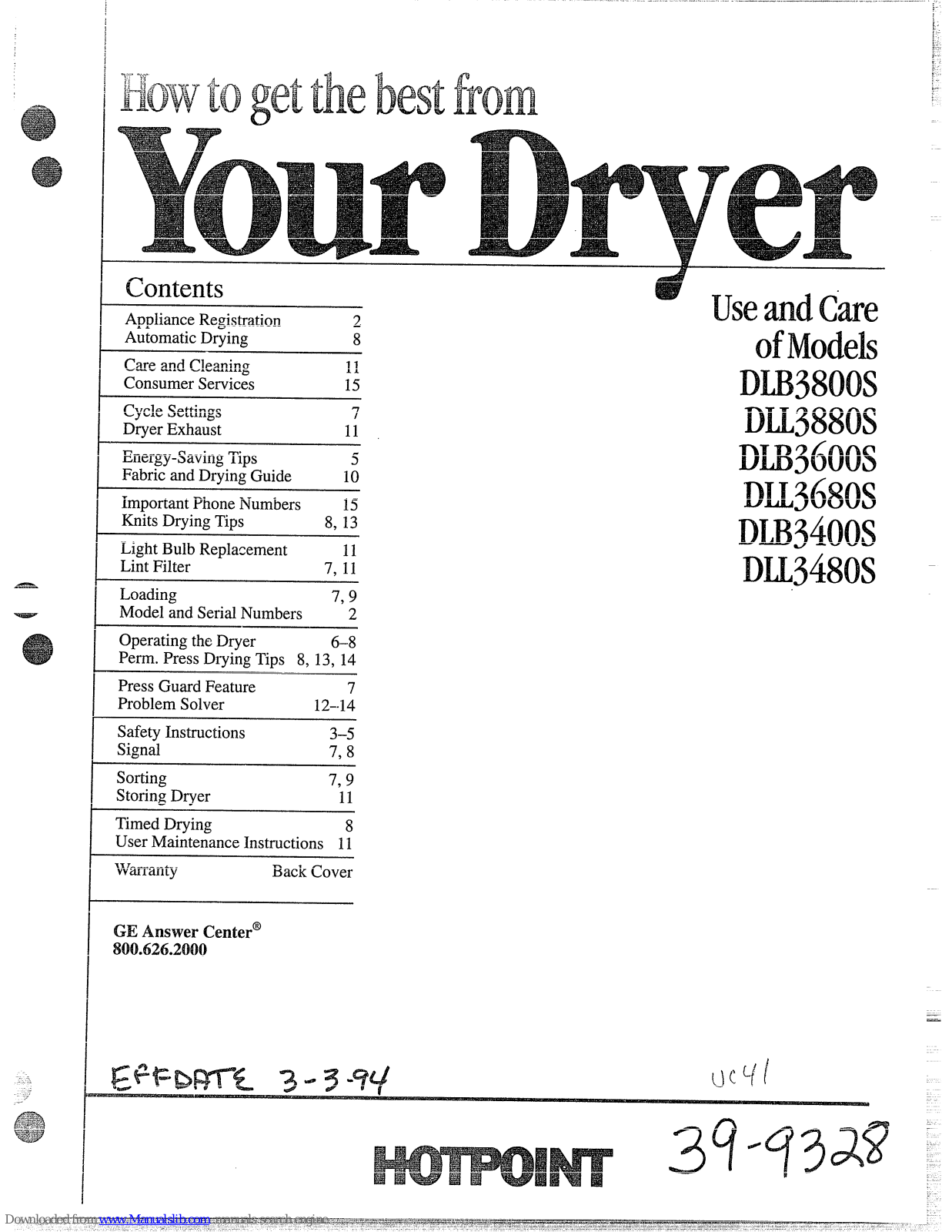 Hotpoint Dm3800S, DU3880S, DU3680S, DM3400S, DU3480S Use And Care Manual - ManualMachine.com