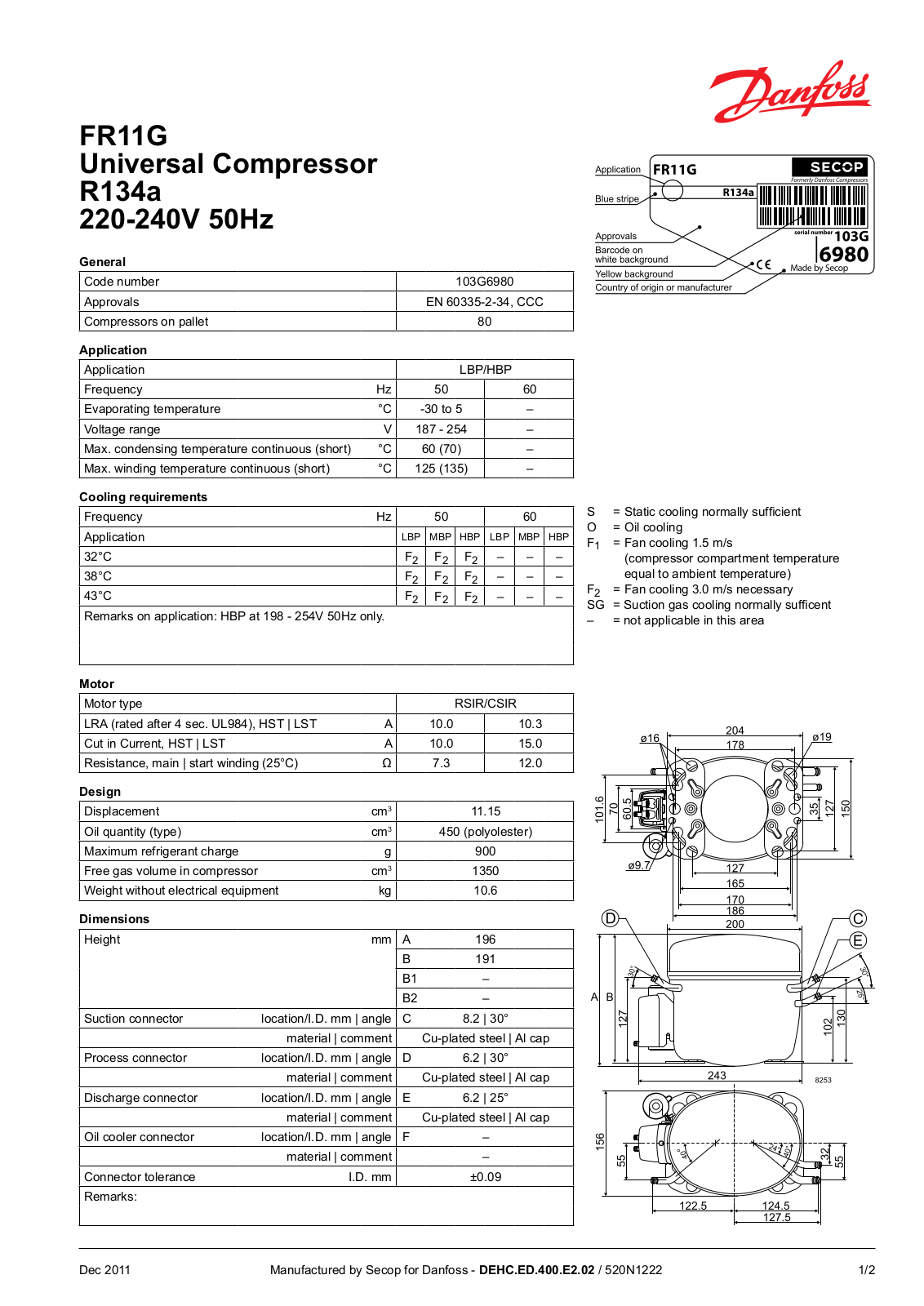 Danfoss FR11G Data sheet